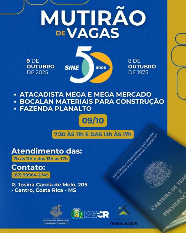 Imagem de compartilhamento para o artigo Costa Rica celebra 50 anos do SINE com mutirão de empregos e vagas para contratação imediata nesta quinta-feira da MS Todo dia